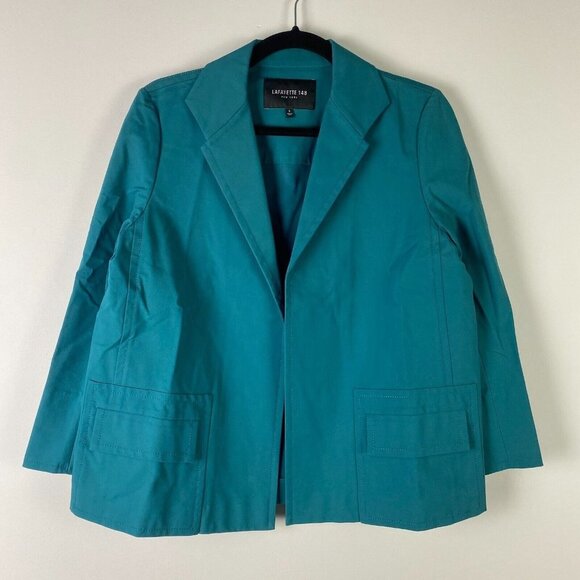 Lafayette 148 Benny Open Front Blazer Jacket Flap Pockets Tropic Teal Size Small - Picture 1 of 12